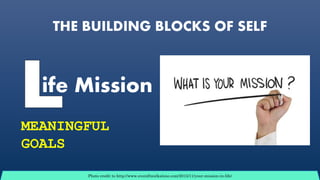 THE BUILDING BLOCKS OF SELF
ife Mission
MEANINGFUL
GOALS
Photo credit to http://www.evenifiwalkalone.com/2015/11/your-mission-in-life/
 