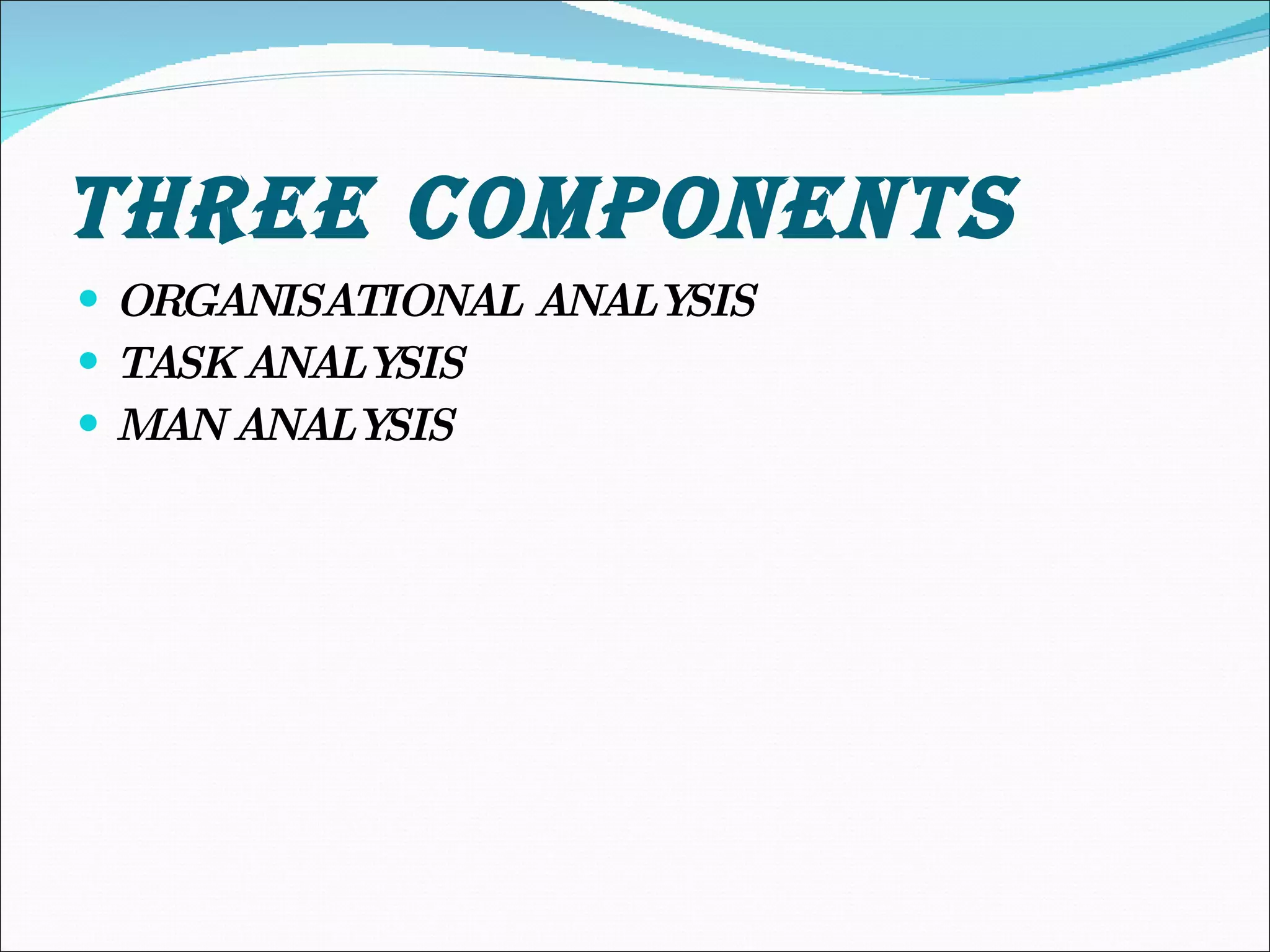 THREE COMPONENTS ORGANISATIONAL ANALYSIS TASK ANALYSIS  MAN ANALYSIS 