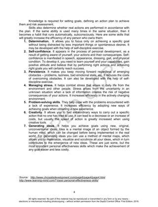 D
EPED
C
O
PY
4
Knowledge is required for setting goals, defining an action plan to achieve
them and risk assessment.
Skills also determine whether real actions are performed in accordance with
the plan. If the same ability is used many times in the same situation, then it
becomes a habit that runs automatically, subconsciously. Here are some skills that
will greatly increase the efficiency of any person who owns them:
1. Determination. It allows you to focus only on achieving a specific goal
without being distracted by less important things or spontaneous desires. It
may be developed with the help of self-discipline exercise.
2. Self-confidence. It appears in the process of personal development, as a
result of getting aware of yourself, your actions and their consequences. Self-
confidence is manifested in speech, appearance, dressing, gait, and physical
condition. To develop it, you need to learn yourself and your capabilities, gain
positive attitude and believe that by performing right actions and achieving
right goals you will certainly reach success.
3. Persistence. It makes you keep moving forward regardless of emerging
obstacles – problems, laziness, bad emotional state, etc. It reduces the costs
of overcoming obstacles. It can also be developed with the help of self-
discipline exercise.
4. Managing stress. It helps combat stress that arises in daily life from the
environment and other people. Stress arises from the uncertainty in an
unknown situation when a lack of information creates the risk of negative
consequences of your actions. It increases efficiency in the actively changing
environment.
5. Problem-solving skills. They help cope with the problems encountered with
a lack of experience. It increases efficiency by adopting new ways of
achieving goals when obtaining a new experience.
6. Creativity. It allows you to find extraordinary ways to carry out a specific
action that no one has tried to use. It can lead to a decrease or an increase of
costs, but usually the speed of action is greatly increased when using
creative tools.
7. Generating ideas. It helps you achieve goals using new, original,
unconventional ideas. Idea is a mental image of an object formed by the
human mind, which can be changed before being implemented in the real
world. For generating ideas you can use a method of mental maps, which
allows you to materialize, visualize and scrutinize all your ideas, which in turn
contributes to the emergence of new ideas. These are just some, but the
most important personal effectiveness skills which make the achievement of
any goal easier and less costly.
Source: http://www.chrysalisdevelopment.com/page6/page4/page4.html
http://www.learning-mind.com/7-basic-personal-effectiveness-skills/
All rights reserved. No part of this material may be reproduced or transmitted in any form or by any means -
electronic or mechanical including photocopying – without written permission from the DepEd Central Office. First Edition, 2016.
 