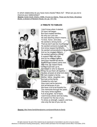 D
EPED
C
O
PY
97
In which relationship do you have more checks? More Xs? What can you do to
improve your relationships?
Source: Carter-Scott, Cherie. (1999). If Love is a Game, These are the Rules. Broadway
Books, a division of Random House, Inc. pp. 151-152.
A TRIBUTE TO FAMILIES
I don't know when it started,
Or how it all began.
But God created families,
As only our Lord can.
He was teaching what it means,
To love, honor, and obey.
He wanted a strong bond,
That we don't see too much today.
He wanted someone to hold us,
And show respect for others.
He wanted someone who'd be gentle,
And so he created mothers.
He wanted someone strong,
A support filled with love.
And so he created fathers,
Sent from heaven up above.
Brothers and sisters came next,
With that, an instant friend.
Someone to look up to,
Someone on who to depend.
When he put them all together,
He was amazed at what he'd done.
He had created a family,
Mother, father, daughter, son.
But look at the family,
Created by only two.
How many we've become,
And all because of you.
We have a lot to be thankful for,
The memories through the years.
The many times together,
Full of laughter, full of tears.
I don't know where we'd be today,
If it weren't for the two of you.
To show us strength, support, and love,
Like only the two of you can do.
Source: http://www.familyfriendpoems.com/poem/tribute-to-family
All rights reserved. No part of this material may be reproduced or transmitted in any form or by any means -
electronic or mechanical including photocopying – without written permission from the DepEd Central Office. First Edition, 2016.
 
