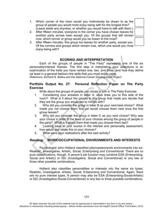 D
EPED
C
O
PY
123
1. Which corner of the room would you instinctively be drawn to as the
group of people you would most enjoy being with for the longest time?
(Leave aside any shyness, or whether you would have to talk with them.)
2. After fifteen minutes, everyone in the corner you have chosen leaves for
another party across town except you. Of the groups that still remain
now, which corner or group would you be drawn to the most?
3. After fifteen minutes, this group too leaves for another party, except you.
Of the corners and groups which remain now, which one would you most
enjoy being with?
SCORING AND INTERPRETATION
Each of the groups of people in "The Party" represents one of the six
personality/interest themes. The first step in interpreting your selections is an
examination of the traits you have ranked one, two, and three, and how they define
(at least in a general fashion) the skills that you most enjoy using.
Reference: Richard N. Bolles and the National Career Development Project.
Portfolio Output No. 27: Personal Reflection Paper on The Party
Exercise
Write about the groups of people you chose to join in The Party Exercise.
1. Considering your answers in letter A, what drew you to this side of the
room? What is it about the people in this group that made you decide that
they are the group you would like to mingle with?
2. Why did you consider the group in letter B as your next best choice? What
made you not choose them first yet would choose them next once the first
group leaves?
3. Why did you consider the group in letter C as you next choice? Why was
your choice in letter D the least of your choices among the group of people in
the party? What is it about them that made you choose them last?
4. Looking back at your scores in the interest and personality assessment,
how would you relate this to your choices?
5. What were your realizations after the said activity?
Reading: WORK/OCCUPATIONAL ENVIRONMENTS AND INTERESTS
Psychologist John Holland classified jobs/careers/work environments into six:
Realistic, Investigative, Artistic, Social, Enterprising and Conventional. There are no
pure classifications, though. A person's job function may combine ESA (Enterprising,
Social and Artistic) or ISC (Investigative, Social and Conventional) or any two or
three other possible combinations.
Holland also classifies personalities or interests into the same six types:
Realistic, Investigative, Artistic, Social, Enterprising and Conventional. Again, there
are no pure interest types. A person may also be ESA (Enterprising-Social-Artistic)
or ISC (Investigative-Social-Conventional) or any two or three possible combinations.
All rights reserved. No part of this material may be reproduced or transmitted in any form or by any means -
electronic or mechanical including photocopying – without written permission from the DepEd Central Office. First Edition, 2016.
 