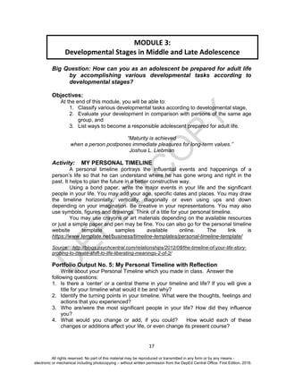 D
EPED
C
O
PY
17
Big Question: How can you as an adolescent be prepared for adult life
by accomplishing various developmental tasks according to
developmental stages?
Objectives:
At the end of this module, you will be able to:
1. Classify various developmental tasks according to developmental stage,
2. Evaluate your development in comparison with persons of the same age
group, and
3. List ways to become a responsible adolescent prepared for adult life.
“Maturity is achieved
when a person postpones immediate pleasures for long-term values.”
Joshua L. Liebman
Activity: MY PERSONAL TIMELINE
A personal timeline portrays the influential events and happenings of a
person’s life so that he can understand where he has gone wrong and right in the
past. It helps to plan the future in a better constructive way.
Using a bond paper, write the major events in your life and the significant
people in your life. You may add your age, specific dates and places. You may draw
the timeline horizontally, vertically, diagonally or even using ups and down
depending on your imagination. Be creative in your representations. You may also
use symbols, figures and drawings. Think of a title for your personal timeline.
You may use crayons or art materials depending on the available resources
or just a simple paper and pen may be fine. You can also go for the personal timeline
website template samples available online. The link is
https://www.template.net/business/timeline-templates/personal-timeline-template/
Source: http://blogs.psychcentral.com/relationships/2012/08/the-timeline-of-your-life-story-
probing-to-create-shift-to-life-liberating-meanings-2-of-2/
Portfolio Output No. 5: My Personal Timeline with Reflection
Write about your Personal Timeline which you made in class. Answer the
following questions:
1. Is there a ‘center’ or a central theme in your timeline and life? If you will give a
title for your timeline what would it be and why?
2. Identify the turning points in your timeline. What were the thoughts, feelings and
actions that you experienced?
3. Who are/were the most significant people in your life? How did they influence
you?
4. What would you change or add, if you could? How would each of these
changes or additions affect your life, or even change its present course?
MODULE 3:
Developmental Stages in Middle and Late Adolescence
All rights reserved. No part of this material may be reproduced or transmitted in any form or by any means -
electronic or mechanical including photocopying – without written permission from the DepEd Central Office. First Edition, 2016.
 