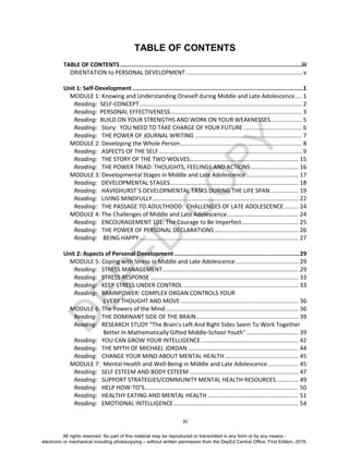 D
EPED
C
O
PY
iii
TABLE OF CONTENTS
TABLE OF CONTENTS.......................................................................................................iii
ORIENTATION to PERSONAL DEVELOPMENT ........................................................................v
Unit 1: Self-Development.................................................................................................1
MODULE 1: Knowing and Understanding Oneself during Middle and Late Adolescence.... 1
Reading: SELF-CONCEPT.................................................................................................... 2
Reading: PERSONAL EFFECTIVENESS................................................................................. 3
Reading: BUILD ON YOUR STRENGTHS AND WORK ON YOUR WEAKNESSES................... 5
Reading: Story: YOU NEED TO TAKE CHARGE OF YOUR FUTURE.................................... 6
Reading: THE POWER OF JOURNAL WRITING .................................................................. 7
MODULE 2: Developing the Whole Person........................................................................... 8
Reading: ASPECTS OF THE SELF........................................................................................ 9
Reading: THE STORY OF THE TWO WOLVES................................................................... 15
Reading: THE POWER TRIAD: THOUGHTS, FEELINGS AND ACTIONS ............................. 16
MODULE 3: Developmental Stages in Middle and Late Adolescence ................................ 17
Reading: DEVELOPMENTAL STAGES............................................................................... 18
Reading: HAVIGHURST`S DEVELOPMENTAL TASKS DURING THE LIFE SPAN ................. 19
Reading: LIVING MINDFULLY.......................................................................................... 22
Reading: THE PASSAGE TO ADULTHOOD: CHALLENGES OF LATE ADOLESCENCE......... 24
MODULE 4: The Challenges of Middle and Late Adolescence............................................ 24
Reading: ENCOURAGEMENT 101: The Courage to Be Imperfect................................... 25
Reading: THE POWER OF PERSONAL DECLARATIONS.................................................... 26
Reading: BEING HAPPY.................................................................................................. 27
Unit 2: Aspects of Personal Development .......................................................................29
MODULE 5: Coping with Stress in Middle and Late Adolescence....................................... 29
Reading: STRESS MANAGEMENT.................................................................................... 29
Reading: STRESS RESPONSE ........................................................................................... 33
Reading: KEEP STRESS UNDER CONTROL ....................................................................... 33
Reading: BRAINPOWER: COMPLEX ORGAN CONTROLS YOUR
EVERY THOUGHT AND MOVE......................................................................... 36
MODULE 6: The Powers of the Mind.................................................................................. 36
Reading: THE DOMINANT SIDE OF THE BRAIN............................................................... 39
Reading: RESEARCH STUDY “The Brain’s Left And Right Sides Seem To Work Together
Better In Mathematically Gifted Middle-School Youth”................................ 39
Reading: YOU CAN GROW YOUR INTELLIGENCE............................................................ 42
Reading: THE MYTH OF MICHAEL JORDAN .................................................................... 44
Reading: CHANGE YOUR MIND ABOUT MENTAL HEALTH ............................................. 45
MODULE 7: Mental Health and Well-Being in Middle and Late Adolescence................... 45
Reading: SELF ESTEEM AND BODY ESTEEM ................................................................... 47
Reading: SUPPORT STRATEGIES/COMMUNITY MENTAL HEALTH RESOURCES.............. 49
Reading: HELP HOW-TO’S............................................................................................... 50
Reading: HEALTHY EATING AND MENTAL HEALTH ........................................................ 51
Reading: EMOTIONAL INTELLIGENCE............................................................................. 54
All rights reserved. No part of this material may be reproduced or transmitted in any form or by any means -
electronic or mechanical including photocopying – without written permission from the DepEd Central Office. First Edition, 2016.
 