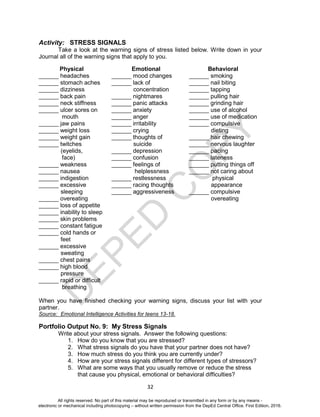 D
EPED
C
O
PY
32
Activity: STRESS SIGNALS
Take a look at the warning signs of stress listed below. Write down in your
Journal all of the warning signs that apply to you.
When you have finished checking your warning signs, discuss your list with your
partner.
Source: Emotional Intelligence Activities for teens 13-18.
Portfolio Output No. 9: My Stress Signals
Write about your stress signals. Answer the following questions:
1. How do you know that you are stressed?
2. What stress signals do you have that your partner does not have?
3. How much stress do you think you are currently under?
4. How are your stress signals different for different types of stressors?
5. What are some ways that you usually remove or reduce the stress
that cause you physical, emotional or behavioral difficulties?
Physical
______ headaches
______ stomach aches
______ dizziness
______ back pain
______ neck stiffness
______ ulcer sores on
mouth
______ jaw pains
______ weight loss
______ weight gain
______ twitches
(eyelids,
face)
______ weakness
______ nausea
______ indigestion
______ excessive
sleeping
______ overeating
______ loss of appetite
______ inability to sleep
______ skin problems
______ constant fatigue
______ cold hands or
feet
______ excessive
sweating
______ chest pains
______ high blood
pressure
______ rapid or difficult
breathing
Emotional
______ mood changes
______ lack of
concentration
______ nightmares
______ panic attacks
______ anxiety
______ anger
______ irritability
______ crying
______ thoughts of
suicide
______ depression
______ confusion
______ feelings of
helplessness
______ restlessness
______ racing thoughts
______ aggressiveness
Behavioral
______ smoking
______ nail biting
______ tapping
______ pulling hair
______ grinding hair
______ use of alcohol
______ use of medication
______ compulsive
dieting
______ hair chewing
______ nervous laughter
______ pacing
______ lateness
______ putting things off
______ not caring about
physical
appearance
______ compulsive
overeating
All rights reserved. No part of this material may be reproduced or transmitted in any form or by any means -
electronic or mechanical including photocopying – without written permission from the DepEd Central Office. First Edition, 2016.
 