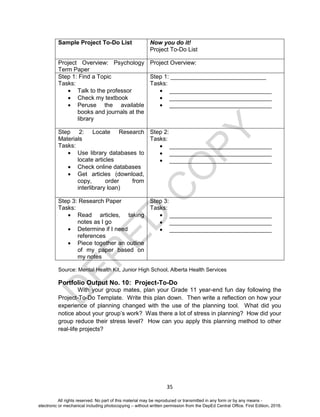 D
EPED
C
O
PY
35
Sample Project To-Do List Now you do it!
Project To-Do List
Project Overview: Psychology
Term Paper
Project Overview:
Step 1: Find a Topic
Tasks:
 Talk to the professor
 Check my textbook
 Peruse the available
books and journals at the
library
Step 1: _____________________________
Tasks:
 _______________________________
 _______________________________
 _______________________________
Step 2: Locate Research
Materials
Tasks:
 Use library databases to
locate articles
 Check online databases
 Get articles (download,
copy, order from
interlibrary loan)
Step 2:
Tasks:
 _______________________________
 _______________________________
 _______________________________
Step 3: Research Paper
Tasks:
 Read articles, taking
notes as I go
 Determine if I need
references
 Piece together an outline
of my paper based on
my notes
Step 3:
Tasks:
 _______________________________
 _______________________________
 _______________________________
Source: Mental Health Kit, Junior High School, Alberta Health Services
Portfolio Output No. 10: Project-To-Do
With your group mates, plan your Grade 11 year-end fun day following the
Project-To-Do Template. Write this plan down. Then write a reflection on how your
experience of planning changed with the use of the planning tool. What did you
notice about your group’s work? Was there a lot of stress in planning? How did your
group reduce their stress level? How can you apply this planning method to other
real-life projects?
All rights reserved. No part of this material may be reproduced or transmitted in any form or by any means -
electronic or mechanical including photocopying – without written permission from the DepEd Central Office. First Edition, 2016.
 