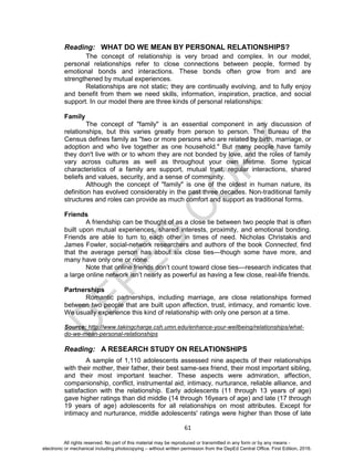 D
EPED
C
O
PY
61
Reading: WHAT DO WE MEAN BY PERSONAL RELATIONSHIPS?
The concept of relationship is very broad and complex. In our model,
personal relationships refer to close connections between people, formed by
emotional bonds and interactions. These bonds often grow from and are
strengthened by mutual experiences.
Relationships are not static; they are continually evolving, and to fully enjoy
and benefit from them we need skills, information, inspiration, practice, and social
support. In our model there are three kinds of personal relationships:
Family
The concept of "family" is an essential component in any discussion of
relationships, but this varies greatly from person to person. The Bureau of the
Census defines family as "two or more persons who are related by birth, marriage, or
adoption and who live together as one household." But many people have family
they don't live with or to whom they are not bonded by love, and the roles of family
vary across cultures as well as throughout your own lifetime. Some typical
characteristics of a family are support, mutual trust, regular interactions, shared
beliefs and values, security, and a sense of community.
Although the concept of "family" is one of the oldest in human nature, its
definition has evolved considerably in the past three decades. Non-traditional family
structures and roles can provide as much comfort and support as traditional forms.
Friends
A friendship can be thought of as a close tie between two people that is often
built upon mutual experiences, shared interests, proximity, and emotional bonding.
Friends are able to turn to each other in times of need. Nicholas Christakis and
James Fowler, social-network researchers and authors of the book Connected, find
that the average person has about six close ties—though some have more, and
many have only one or none.
Note that online friends don’t count toward close ties—research indicates that
a large online network isn’t nearly as powerful as having a few close, real-life friends.
Partnerships
Romantic partnerships, including marriage, are close relationships formed
between two people that are built upon affection, trust, intimacy, and romantic love.
We usually experience this kind of relationship with only one person at a time.
Source: http://www.takingcharge.csh.umn.edu/enhance-your-wellbeing/relationships/what-
do-we-mean-personal-relationships
Reading: A RESEARCH STUDY ON RELATIONSHIPS
A sample of 1,110 adolescents assessed nine aspects of their relationships
with their mother, their father, their best same-sex friend, their most important sibling,
and their most important teacher. These aspects were admiration, affection,
companionship, conflict, instrumental aid, intimacy, nurturance, reliable alliance, and
satisfaction with the relationship. Early adolescents (11 through 13 years of age)
gave higher ratings than did middle (14 through 16years of age) and late (17 through
19 years of age) adolescents for all relationships on most attributes. Except for
intimacy and nurturance, middle adolescents' ratings were higher than those of late
All rights reserved. No part of this material may be reproduced or transmitted in any form or by any means -
electronic or mechanical including photocopying – without written permission from the DepEd Central Office. First Edition, 2016.
 