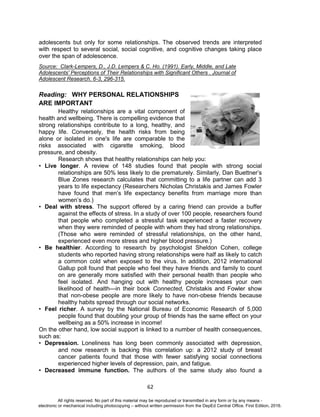 D
EPED
C
O
PY
62
adolescents but only for some relationships. The observed trends are interpreted
with respect to several social, social cognitive, and cognitive changes taking place
over the span of adolescence.
Source: Clark-Lempers, D., J.D. Lempers & C. Ho. (1991). Early, Middle, and Late
Adolescents' Perceptions of Their Relationships with Significant Others . Journal of
Adolescent Research. 6-3, 296-315.
Reading: WHY PERSONAL RELATIONSHIPS
ARE IMPORTANT
Healthy relationships are a vital component of
health and wellbeing. There is compelling evidence that
strong relationships contribute to a long, healthy, and
happy life. Conversely, the health risks from being
alone or isolated in one's life are comparable to the
risks associated with cigarette smoking, blood
pressure, and obesity.
Research shows that healthy relationships can help you:
• Live longer. A review of 148 studies found that people with strong social
relationships are 50% less likely to die prematurely. Similarly, Dan Buettner’s
Blue Zones research calculates that committing to a life partner can add 3
years to life expectancy (Researchers Nicholas Christakis and James Fowler
have found that men’s life expectancy benefits from marriage more than
women’s do.)
• Deal with stress. The support offered by a caring friend can provide a buffer
against the effects of stress. In a study of over 100 people, researchers found
that people who completed a stressful task experienced a faster recovery
when they were reminded of people with whom they had strong relationships.
(Those who were reminded of stressful relationships, on the other hand,
experienced even more stress and higher blood pressure.)
• Be healthier. According to research by psychologist Sheldon Cohen, college
students who reported having strong relationships were half as likely to catch
a common cold when exposed to the virus. In addition, 2012 international
Gallup poll found that people who feel they have friends and family to count
on are generally more satisfied with their personal health than people who
feel isolated. And hanging out with healthy people increases your own
likelihood of health—in their book Connected, Christakis and Fowler show
that non-obese people are more likely to have non-obese friends because
healthy habits spread through our social networks.
• Feel richer. A survey by the National Bureau of Economic Research of 5,000
people found that doubling your group of friends has the same effect on your
wellbeing as a 50% increase in income!
On the other hand, low social support is linked to a number of health consequences,
such as:
• Depression. Loneliness has long been commonly associated with depression,
and now research is backing this correlation up: a 2012 study of breast
cancer patients found that those with fewer satisfying social connections
experienced higher levels of depression, pain, and fatigue.
• Decreased immune function. The authors of the same study also found a
All rights reserved. No part of this material may be reproduced or transmitted in any form or by any means -
electronic or mechanical including photocopying – without written permission from the DepEd Central Office. First Edition, 2016.
 