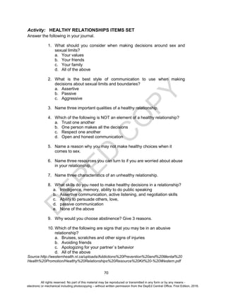 D
EPED
C
O
PY
70
Activity: HEALTHY RELATIONSHIPS ITEMS SET
Answer the following in your journal.
1. What should you consider when making decisions around sex and
sexual limits?
a. Your values
b. Your friends
c. Your family
d. All of the above
2. What is the best style of communication to use when making
decisions about sexual limits and boundaries?
a. Assertive
b. Passive
c. Aggressive
3. Name three important qualities of a healthy relationship.
4. Which of the following is NOT an element of a healthy relationship?
a. Trust one another
b. One person makes all the decisions
c. Respect one another
d. Open and honest communication
5. Name a reason why you may not make healthy choices when it
comes to sex.
6. Name three resources you can turn to if you are worried about abuse
in your relationship.
7. Name three characteristics of an unhealthy relationship.
8. What skills do you need to make healthy decisions in a relationship?
a. Intelligence, memory, ability to do public speaking
b. Assertive communication, active listening, and negotiation skills
c. Ability to persuade others, love,
d. passive communication
e. None of the above
9. Why would you choose abstinence? Give 3 reasons.
10. Which of the following are signs that you may be in an abusive
relationship?
a. Bruises, scratches and other signs of injuries
b. Avoiding friends
c. Apologizing for your partner`s behavior
d. All of the above
Source:http://westernhealth.nl.ca/uploads/Addictions%20Prevention%20and%20Mental%20
Health%20Promotion/Healthy%20Relationships%20Resource%20Kit%20-%20Western.pdf
All rights reserved. No part of this material may be reproduced or transmitted in any form or by any means -
electronic or mechanical including photocopying – without written permission from the DepEd Central Office. First Edition, 2016.
 