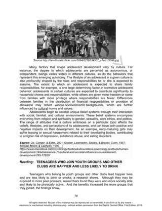 D
EPED
C
O
PY
78
Source:http://farm6.static.flickr.com/5084/5276534507_c7eb1f3599.jpg
Many factors that shape adolescent development vary by culture. For
instance, the degree to which adolescents are perceived as autonomous, or
independent, beings varies widely in different cultures, as do the behaviors that
represent this emerging autonomy. The lifestyle of an adolescent in a given culture is
also profoundly shaped by the roles and responsibilities he or she is expected to
assume. The extent to which an adolescent is expected to share family
responsibilities, for example, is one large determining factor in normative adolescent
behavior: adolescents in certain cultures are expected to contribute significantly to
household chores and responsibilities, while others are given more freedom or come
from families with more privilege where responsibilities are fewer. Differences
between families in the distribution of financial responsibilities or provision of
allowance may reflect various socioeconomic backgrounds, which are further
influenced by cultural norms and values.
Adolescents begin to develop unique belief systems through their interaction
with social, familial, and cultural environments. These belief systems encompass
everything from religion and spirituality to gender, sexuality, work ethics, and politics.
The range of attitudes that a culture embraces on a particular topic affects the
beliefs, lifestyles, and perceptions of its adolescents, and can have both positive and
negative impacts on their development. As an example, early-maturing girls may
suffer teasing or sexual harassment related to their developing bodies, contributing
to a higher risk of depression, substance abuse, and eating disorders
Source: Ge, Conger, & Elder, 2001; Graber, Lewinsohn, Seeley, & Brooks-Gunn, 1997;
Striegel-Moore & Cachelin, 1999. ;
https://www.boundless.com/psychology/textbooks/boundless-psychology-textbook/human-
development-14/adolescence-73/cultural-and-societal-influences-on-adolescent-
development-285-12820/
Reading: TEENAGERS WHO JOIN YOUTH GROUPS AND OTHER
CLUBS ARE HAPPIER AND LESS LIKELY TO DRINK
Teenagers who belong to youth groups and other clubs lead happier lives
and are less likely to drink or smoke, a research shows. Although they may be
exposed to more peer pressure, researchers found they were also more socially able
and likely to be physically active. And the benefits increased the more groups that
they joined, the findings show.
All rights reserved. No part of this material may be reproduced or transmitted in any form or by any means -
electronic or mechanical including photocopying – without written permission from the DepEd Central Office. First Edition, 2016.
 