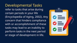 refer to tasks that arise during
certain periods in your life
(Encyclopedia of Aging, 2002). Any
concern that hinders compliance
with or accomplishment of these
tasks may lead to an inability to
perform tasks in the next period
or stage of development in life.
Developmental Tasks
 