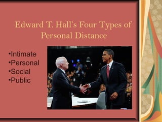 Edward T. Hall’s Four Types of
Personal Distance
•Intimate
•Personal
•Social
•Public
 