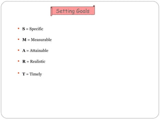 <ul><li>S  = Specific </li></ul><ul><li>M  = Measurable </li></ul><ul><li>A  = Attainable </li></ul><ul><li>R  = Realistic...