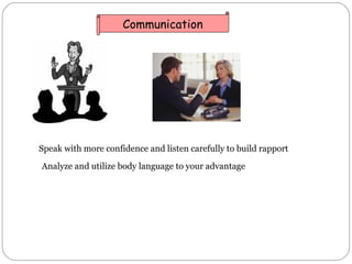 Speak with more confidence and listen carefully to build rapport Analyze and utilize body language to your advantage  Comm...