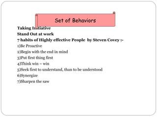 <ul><li>Taking Initiative </li></ul><ul><li>Stand Out at work   </li></ul><ul><li>7 habits of Highly effective People  by ...