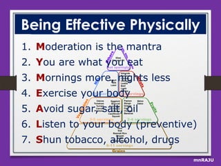 Being Effective Physically
1. Moderation is the mantra
2. You are what you eat
3. Mornings more, nights less
4. Exercise your body
5. Avoid sugar, salt, oil

6. Listen to your body (preventive)
7. Shun tobacco, alcohol, drugs
mnRAJU

 
