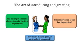 You never get a second
chance to make the first
impression!
First impression is the
last impression!
If you cant make it good, at
least make it look good!!
The Art of introducing and greeting
 
