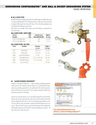 GROUNDING CONFIGURATOR™ AND BALL & SOCKET GROUNDING SYSTEM
SHOCK PROTECTION

BALL & SOCKET SYSTEM
The Ball and Socket Grounding System allows for variable angle accessibility. This system
is compact and lightweight. The 21190 Socket Clamp is made from bronze alloy with
an integral cable support and strain relief sleeve. This is the ideal grounding system
for industrial and substation environments.
Other clamps are available. Please contact your local Salisbury representative for
more information.
BALL & SOCKET SYSTEM - SOCKET CLAMPS
Cat. No. &
Description

ASTM
Grade

Continuous Current
Rating (AMPS,RMS,60Hz)

Weight ea.
lbs. ( kgs)

21190 w/ Strain Relief Sleeve

5

400

1.2 ( .54 )

21277 w/o Strain Relief Sleeve

5

400

1.1 ( .5 )
21191

BALL & SOCKET SYSTEM - BALL STUDS
Cat. No.

Description

Dimensions
in. ( mm )

Weight ea.
lbs. ( kgs )

21191

Ball Stud Short

4.38 ( 111 )

.53 ( .23 )

21192

Ball Stud Long

6.13 ( 156 )

.81 ( .37 )

24082

Internal Thread Ball Stud

4 ( 102 )

.54 ( .25 )

21228

Offset NEMA Pad Short

5.13 x 1.5 ( 130 x 38 )

.84 ( .38 )

24087

Offset NEMA Pad Long

7 x 1.5 ( 178 x 38 )

1 ( .45 )

21236

Cover for Ball Stud

21190
24082

.09 ( .04 )
21228

21236

SALISBURY GROUNDING CONFIGURATOR™
simple and easy. This interactive web tool allows you to easily build the proper
temporary grounding equipment for your specific needs. The step by step process
takes out the guess work, and makes it easy to change components until the most
appropriate ground set is developed.
Just go to our web site and give it a try. You will be prompted from start to finish.
All you need to know is the maximum fault current and the duration of the fault
and the configurator will do the rest. No more second guessing quantities or parts
to be sure that you have put together a ground set that will function just as you
expect. When you finish, enter your personal information and the configurator
will instantly provide you with the bill of materials including part numbers. All
Visit salisburybyhoneywell.com to use
TM

.

www.arcsafety.com

49

 