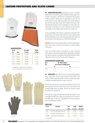 LEATHER PROTECTORS AND GLOVE LINERS
should always be worn over Insulating
Rubber Gloves to provide the needed mechanical protection against cuts,
abrasions and punctures. The ILP Series is manufactured from top grain
cowhide or goatskin. Cowhide cuffs are tough leather on palm side and
orange vinyl on the back, while the goatskin cuffs are green leather on
palm side and orange vinyl on back. The ILP10 gloves do not have a cuff.
in dual sizes 7/7.5 through 11/11.5 and 12. Protectors for Class 00 and 0
are available with non-metallic buckle and pull strap or elastic wrist.
It is the responsibility of the purchaser to specify the overall length of the
protector gloves. The Clearance Table shows the minimum distance which
shall be allowed between the top of the protector glove cuff and the top
end of the bead of the rubber glove per ASTM F496 Specifications.

ILPG10

WARNING: Do not use leather protectors alone for protection against electric
shock. Serious injury or death will result. Always use proper insulating
rubber gloves.

ILPG7C

LEATHER PROTECTORS
Cat. No.
Cow

Goat

OAL Length
in. (mm)

Weight
lbs. (kgs)

ILP3S

ILPG3S

12 (305)

1 (.5)

ILP5S

ILPG5S

14 (356)

1.2 (.5)

ILP7C

ILPG7C

16 (406)

1.5 (.7)

ILP10

ILPG10

10 (254)

.7 (.32)

ILP10A

ILPG10A

10 (254)

.7 (.32)

S=straight cuff, C=contour cuff, A=w/ pull strap.
Sizes: 7/7.5, 8/8.5, 9/9.5, 10/10.5, 11/11.5, 12

Proper care of leather protectors is essential to user safety. Inspect the
leather protectors when inspecting rubber gloves. Metal particles, imbedded
wire, abrasive materials or any substance that could physically damage the
rubber gloves must be removed from the protector before use.
LEATHER PROTECTOR CLEARANCE TABLE
Glove
Class

Min. Distance Between
Top of Protectors and Rubber Gloves
in.
mm

00, 0

1/2

13

2

51

2

reduce the discomfort of wearing Insulating Rubber
Gloves in all seasons. For year round use, liners provide warmth in cold
weather, while they absorb perspiration in the warm months. Many styles
and fabrics are available with either a open or knit wrist.
The knit wrist style grips the wrist rather than allowing the cuff to roll
down and bunch at the palm. All Liner Gloves are for year round use with
Insulating Rubber Gloves and Mittens. All liners are made from stretch
fabric that can fit any hand size.

L10JK

The L Series has a tough outer cotton fabric while the inner lining is soft and
comfortable. The LMKC Series is light, airy and allows ease of movement.
The LMKW Series is made from a Rag Wool fabric that moves easily yet
gives a substantial layer of lining.

L12J

Cat. No.

Description

Wrist

Length

Weight ea.

Style

in. ( mm )

lbs. ( kgs )

L10JK

Knit

10 ( 254 )

.14 (.06)

L12J

L10MKW

Jersey Style, Light Weight, Seams Out
Jersey Style, Light Weight, Seams Out

Open

12 ( 305 )

.14 (.07)

Machine Knit, Cotton/Wool Blend

Knit

10 ( 254 )

.14 (.06)

L10MKW

One size fits all.
40

SALISBURY

101 E. Crossroads Pkwy., Ste. A Bolingbrook, IL 60440 U.S.A. Toll Free:877.406.4501

U.S.A. Toll Free Fax:866.824.4922

 