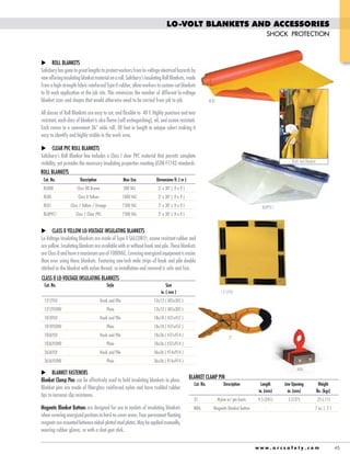 LO-VOLT BLANKETS AND ACCESSORIES
SHOCK PROTECTION

ROLL BLANKETS
Salisbury has gone to great lengths to protect workers from lo-voltage electrical hazards by
from a high strength fabric reinforced Type II rubber, allow workers to custom-cut blankets
to fit each application at the job site. This minimizes the number of different lo-voltage
blanket sizes and shapes that would otherwise need to be carried from job to job.

RLB1

resistant, each class of blanket is also flame (self-extinguishing), oil, and ozone resistant.
easy to identify and highly visible in the work area.

RLB0 Roll Blanket

visibility, yet provides the necessary insulating properties meeting ASTM F1742 standards.
ROLL BLANKETS
Cat. No.

Description

Max Use

Dimensions ft. ( m )

RLBPVC1

are yellow. Insulating blankets are available with or without hook and pile. These blankets
than ever using these blankets. Featuring one-inch wide strips of hook and pile double
stitched to the blanket with nylon thread, so installation and removal is safe and fast.
Cat. No.

Style

Size
in. ( mm )

1212YLV

21

BLANKET FASTENERS
Blanket Clamp Pins can be effectively used to hold insulating blankets in place.
Blanket pins are made of fiberglass reinforced nylon and have molded rubber
tips to increase slip resistance.
Magnetic Blanket Buttons are designed for use in eyelets of insulating blankets
when covering energized portions in hard-to-cover areas. Four permanent floating
magnets are mounted between nickel-plated steel plates. May be applied manually,
wearing rubber gloves, or with a shot-gun stick.

MB6

BLANKET CLAMP PIN
Cat. No.

Description

Length
in. (mm)

Jaw Opening
in. (mm)

Weight
lbs. (kgs)

21

Nylon w/ pin boots

9.5 (241)

5 (127)

.25 (.11)

MB6

Magnetic blanket button

-

-

7 oz. ( .2 )

www.arcsafety.com

45

 