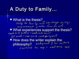 A Duty to Family…A Duty to Family…
 What is the thesis?What is the thesis?
 What experiences support the thesis?What experiences support the thesis?
 How does the writer explain theHow does the writer explain the
philosophy?philosophy?
 