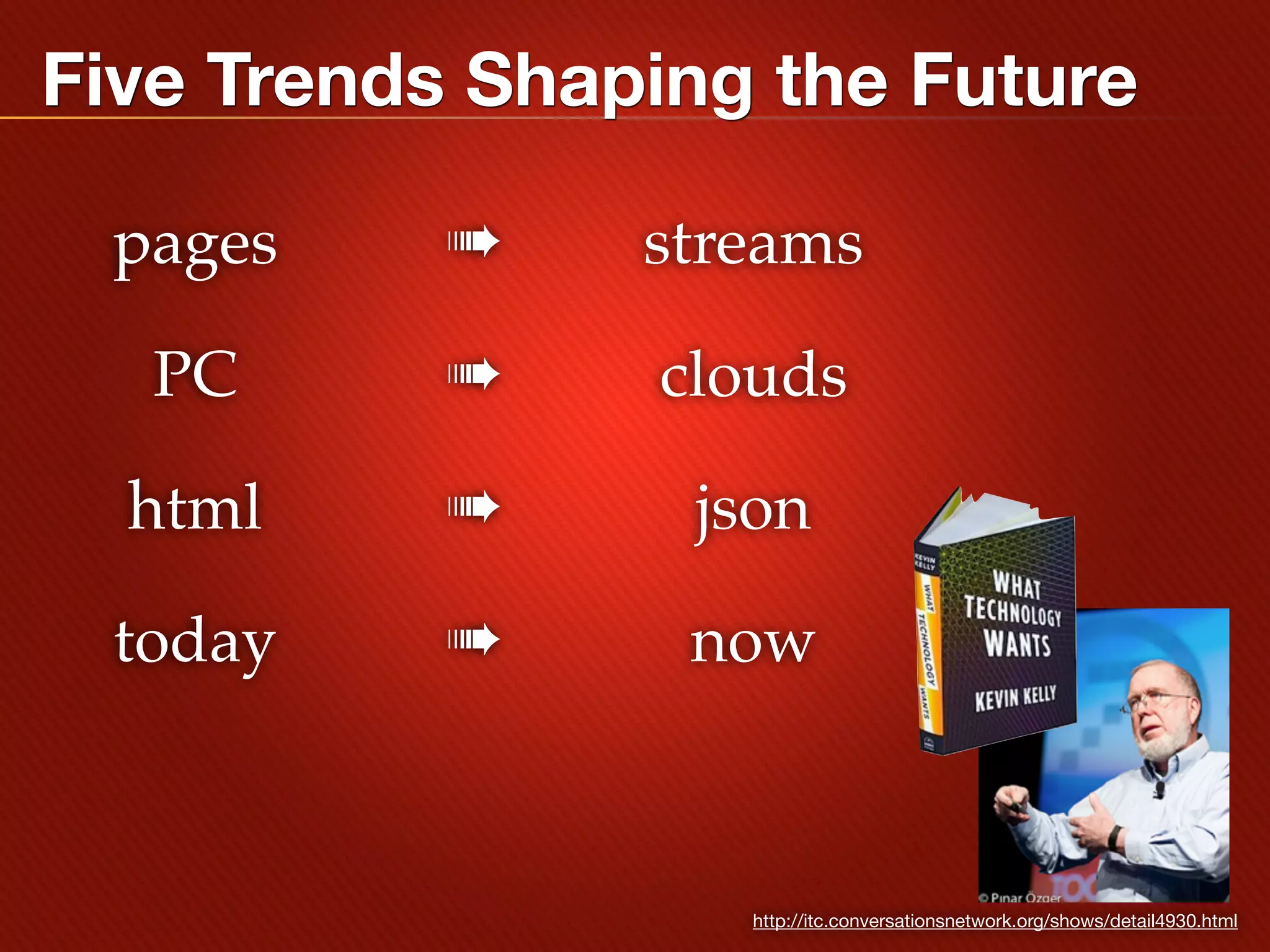Five Trends Shaping the Future

 pages     ➠    streams

   PC      ➠    clouds

  html     ➠     json

 today     ➠     now



                   http://itc.conversationsnetwork.org/shows/detail4930.html
 