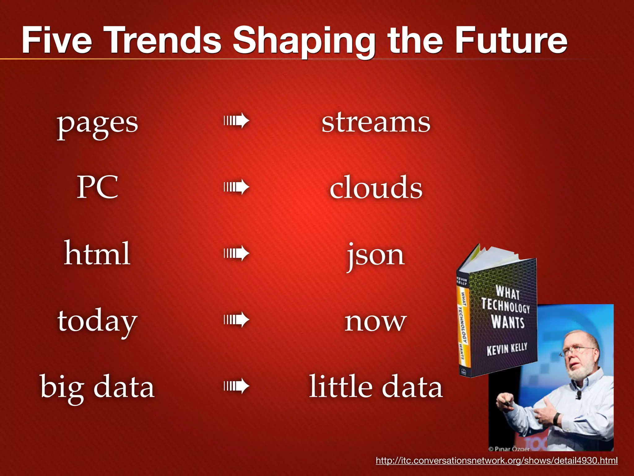 Five Trends Shaping the Future

  pages     ➠    streams

   PC       ➠    clouds

  html      ➠      json

  today     ➠     now

 big data   ➠   little data

                     http://itc.conversationsnetwork.org/shows/detail4930.html
 