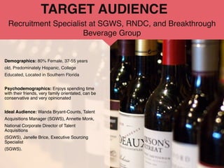 Demographics: 80% Female, 37-55 years
old, Predominately Hispanic, College
Educated, Located in Southern Florida
Psychodemographics: Enjoys spending time
with their friends, very family orientated, can be
conservative and very opinionated
Ideal Audience: Wanda Bryant-Counts, Talent
Acquisitions Manager (SGWS), Annette Monk,
National Corporate Director of Talent
Acquisitions
(SGWS), Janelle Brice, Executive Sourcing
Specialist
(SGWS).
Recruitment Specialist at SGWS, RNDC, and Breakthrough
Beverage Group
TARGET AUDIENCE
 