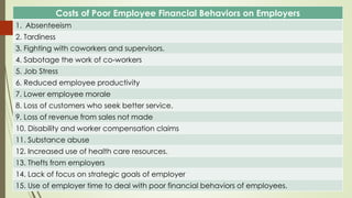 Costs of Poor Employee Financial Behaviors on Employers
1. Absenteeism
2. Tardiness
3. Fighting with coworkers and supervisors.
4. Sabotage the work of co-workers
5. Job Stress
6. Reduced employee productivity
7. Lower employee morale
8. Loss of customers who seek better service.
9. Loss of revenue from sales not made
10. Disability and worker compensation claims
11. Substance abuse
12. Increased use of health care resources.
13. Thefts from employers
14. Lack of focus on strategic goals of employer
15. Use of employer time to deal with poor financial behaviors of employees.
 