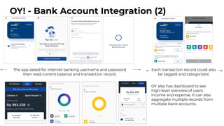 OY! - Bank Account Integration (2)
The app asked for internet banking username and password
then read current balance and ...