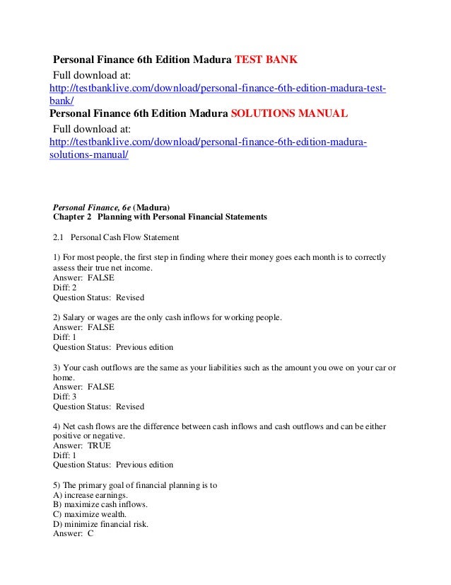 Personal Finance 6th Edition Madura Test Bank