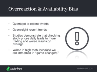 wealthfront.com |
Overreaction & Availability Bias
• Overreact to recent events

• Overweight recent trends

• Studies demonstrate that checking
stock prices daily leads to more
trading and worse results on
average

• Worse in high tech, because we
are immersed in “game changers”
14
 