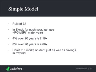 Simple Model
•

Rule of 72


•

In Excel, for each year, just use  
=POWER(1+rate, year)


•

4% over 20 years is 2.19x


•

8% over 20 years is 4.66x


•

Careful: it works on debt just as well as savings...
in reverse!

wealthfront.com | 27

 