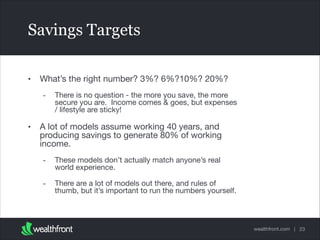 wealthfront.com |
Savings Targets
• What’s the right number? 3%? 6%?10%? 20%?

- There is no question - the more you save,...