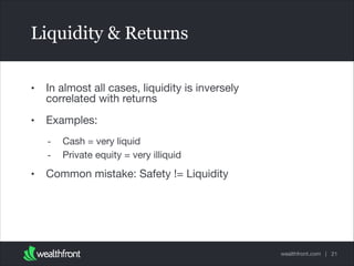 Liquidity & Returns
•

In almost all cases, liquidity is inversely
correlated with returns


•

Examples: 

-

•

Cash = v...