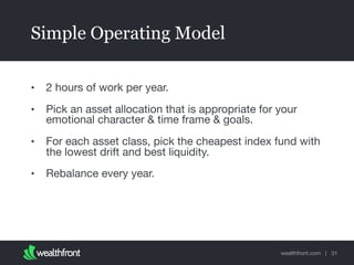 Simple Operating Model
•

2 hours of work per year.

•

Pick an asset allocation that is appropriate for your
emotional ch...