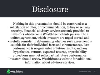 wealthfront.com |
Disclosure
32
Text
Nothing in this presentation should be construed as a
solicitation or offer, or recommendation, to buy or sell any
security. Financial advisory services are only provided to
investors who become Wealthfront clients pursuant to a
written agreement, which investors are urged to read and
carefully consider in determining whether such agreement is
suitable for their individual facts and circumstances. Past
performance is no guarantee of future results, and any
hypothetical returns, expected returns, or probability
projections may not reflect actual future performance. 
Investors should review Wealthfront’s website for additional
information about advisory services.   
 