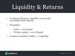 wealthfront.com |
Liquidity & Returns
• In almost all cases, liquidity is inversely
correlated with returns
• Examples:
- ...