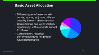 ©2014 Wealthfront, Inc.
29
Basic Asset Allocation
▪ Different types of assets (cash,
bonds, stocks, etc) have different
vo...