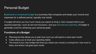 Personal Budget
A personal or household budget is a summary that compares and tracks your income and
expenses for a defined period, typically one month.
A budget will show you how much money you expect to bring in, then compare that to your
required expenses—such as rent and insurance—and your discretionary spending. A budget is
generally a tool for achieving your personal goals.
Functions of a Budget
● Planning tool that allows you to plan how much you will spend or save each month.
● It also allows you to track your spending habits.
● The result of your new budget will show you where your money is coming from, how much is
there, and where it all goes each month.
10
 