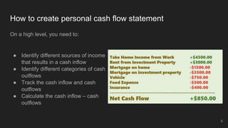 How to create personal cash flow statement
On a high level, you need to:
● Identify different sources of income
that results in a cash inflow
● Identify different categories of cash
outflows
● Track the cash inflow and cash
outflows
● Calculate the cash inflow – cash
outflows
8
 