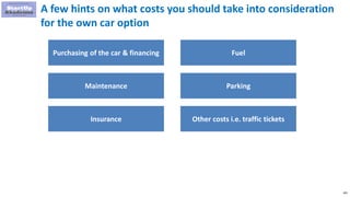 105
A few hints on what costs you should take into consideration
for the own car option
Purchasing of the car & financing
Maintenance
Insurance
Fuel
Parking
Other costs i.e. traffic tickets
 