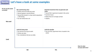 120
Let’s have a look at some examples
YES
Do we use the assets
currently?
Useful & valuable
 Our first flat / apartment that is located in the
center
Potential investment that can generate cash
today
 Second flat / apartment located in the center
 Summer house
 Books that are no-longer printed
 Jewelry
Not used & losing value
 Clothes that we hardly ever wear
 Second laptop or second iPhone
 Second flat located in a town which population
is decreasing
 Car we hardly every use
Useful & losing value
 Car that we use to go to work
 Clothes we wear
 Our smartphone that we use daily
NO
Not-used
Used
Does its value
increase with time?
 