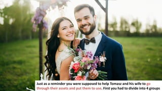 128
Just as a reminder you were supposed to help Tomasz and his wife to go
through their assets and put them to use. First you had to divide into 4 groups
 