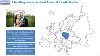 129
A few things we know about Tomasz & his wife Monika
They have has 2 cars. Monika uses her
car once every 2 weeks
They have 2 small apartments and 1
big apartment.
One of the small apartment is filled
with their old clothes
In the second apartment they rent
just 1 room out of 2
 