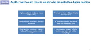 188
Another way to earn more is simply to be promoted to a higher position
Higher position in most cases means
higher salary
Higher position means more influence
on the firm
Higher position means more exposure
to Board Members and the outside
world
At certain level you will be entitled to
bonus schemes
At higher positions you will benefit
more from productivity gains
If you change the company at higher
position your salary gain will be
usually bigger
 