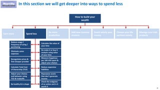 20
In this section we will get deeper into ways to spend less
How to build your
wealth
Earn more Spend less
Be more
productive
Add new revenue
streams
Invest wisely your
money
Choose your life
partners wisely
Manage your kids
properly
Reduce usage /
frequency of using /
purchasing
Eliminate some
expenses
Renegotiate prices &
find cheaper provider
Calculate Total Cost
of Ownership (TCO)
Adjust your choices
and behavior using
TCO & tradeoffs
Be healthy & in shape
Calculate the value of
your time
Do make it or buy it
analysis using value
of your time
Measure happiness
per 100 USD spent &
adjust your choices
Reduce expensive
liabilities
Repurpose assets
that don’t generate
income
Check the endgame
of an action and is it
worth it
 