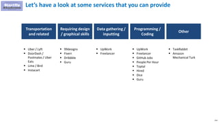 214
Let’s have a look at some services that you can provide
Transportation
and related
 Uber / Lyft
 DoorDash /
Postmates / Uber
Eats
 Lime / Bird
 Instacart
Requiring design
/ graphical skills
 99designs
 Fiverr
 Dribbble
 Guru
Data gathering /
inputting
 UpWork
 Freelancer
Programming /
Coding
 UpWork
 Freelancer
 GitHub Jobs
 People Per Hour
 Toptal
 Hired
 Dice
 Guru
Other
 TaskRabbit
 Amazon
Mechanical Turk
 