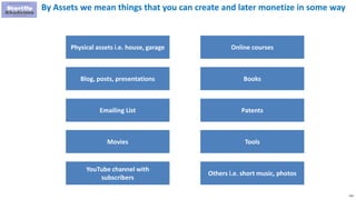 216
By Assets we mean things that you can create and later monetize in some way
Physical assets i.e. house, garage
Blog, posts, presentations
Emailing List
Movies
YouTube channel with
subscribers
Online courses
Books
Patents
Tools
Others i.e. short music, photos
 