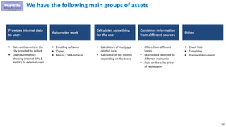 218
We have the following main groups of assets
Provides internal data
to users
 Data on the rents in the
city provided by Airbnb
 Open Baremetrics
showing internal KPIs &
metrics to external users
Automates work
Calculates something
for the user
Combines information
from different sources
Other
 Emailing software
 Zapier
 Macro / VBA in Excel
 Calculators of mortgage
related data
 Calculator of net income
depending on the taxes
 Offers from different
banks
 Macro data reported by
different institution
 Data on the sales prices
of real estates
 Check lists
 Templates
 Standard documents
 