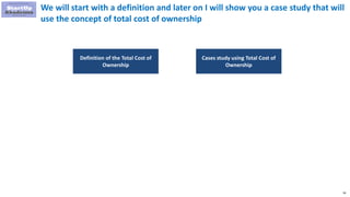 56
We will start with a definition and later on I will show you a case study that will
use the concept of total cost of ownership
Definition of the Total Cost of
Ownership
Cases study using Total Cost of
Ownership
 